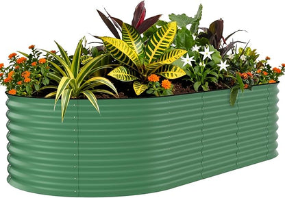 GarveeTech Oval Raised Garden Bed 8x4x2 ft - 0.6mm Thick Metal Raised Bed, Rust & Corrosion Resistant, Open Bottom for Drainage, Anti-Cut Strip Included, for Vegetables Flowers Planting, Green