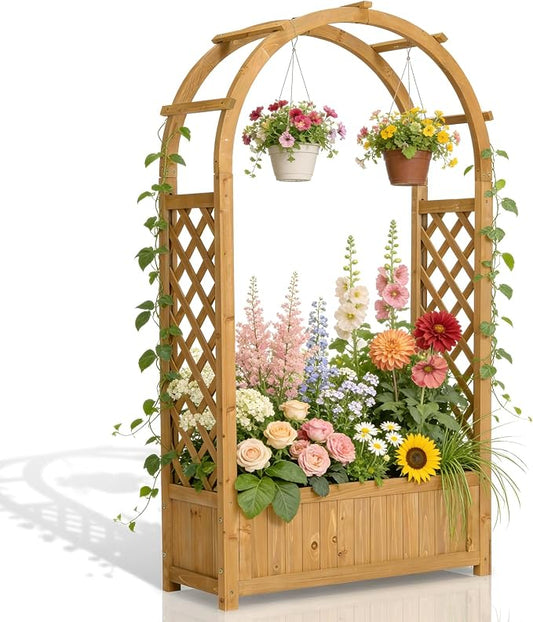 VINGLI Raised Garden Bed with Trellis & Hanging Roof, Wooden Planter Box with Drainage Holes for Outdoor Climbing Plants Vegetables Flowers, Patio Yard Balcony (Natural, Arched top)