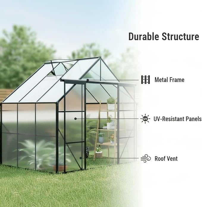 8x6 FT Greenhouse, Walk-in Polycarbonate Greenhouses with Double Sliding Doors, Aluminum Frame, Adjustable Roof Vent, Raised Base & Anchor, Outdoor Backyard Greenhouse for All Seasons, Black