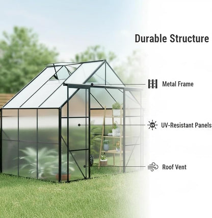 8x6 FT Greenhouse, Walk-in Polycarbonate Greenhouses with Double Sliding Doors, Aluminum Frame, Adjustable Roof Vent, Raised Base & Anchor, Outdoor Backyard Greenhouse for All Seasons, Black