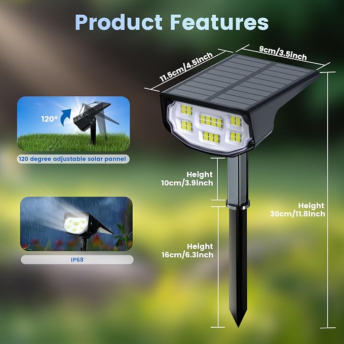 Solar Spot Lights Outdoor IP68 Waterproof, Ultra-Bright Performance，Simple Modes for Easier Operation, Auto On/Off，Solar Powered Landscape Lights for Garden, Yard, Pathway (Cool White, 6 Pack)