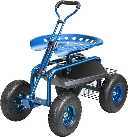 VEVOR Garden Cart Rolling Workseat with Wheels, Gardening Stool for Planting, 360 Degree Swivel Seat, Wagon Scooter with Steering Handle & Utility Tool Tray, Use for Patio, Yard, and Outdoors, Blue