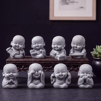 Hoteam 8 Pcs Laughing Buddha Statue Small Zen Monk Praying Sandstone Sculptures for Luck Feng Shui Decor Car Dashboard Home Living Room Office Desk Decor (Classic)