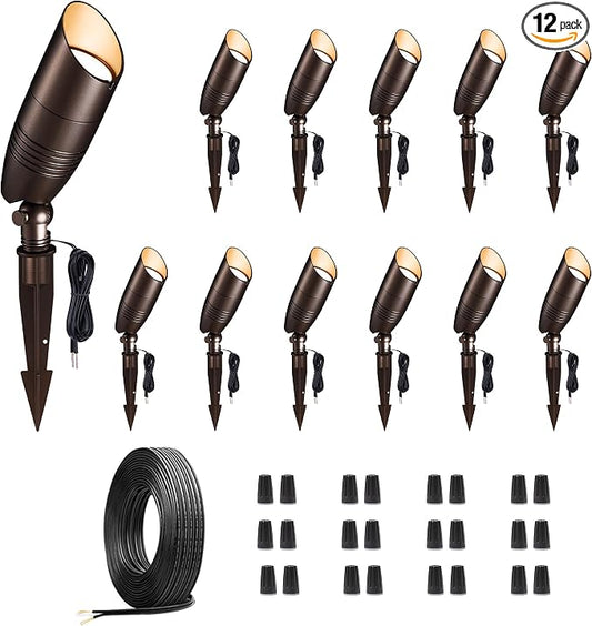 12v Landscape Lighting Kit, 12 Pack 3CCT Spotlights and 250FT Cable and 40 Wire Connectors, Aluminum ORB Ip65 Waterproof Tree Light, Perfect for Home Patio Plant, Without Transformer