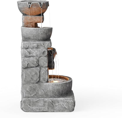 Teamson Home 33" Outdoor Water Fountain with LED Lights | 3-Tier Cascading Bowls, Weather-Resistant Resin, Garden Water Feature, Stone Gray