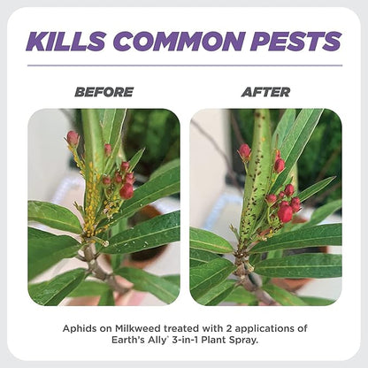 Earth's Ally 3-in-1 Plant Spray - Insect Repellent & Pest Control for Indoor Outdoor Organic Gardening - 32 Oz Ready-to-Use