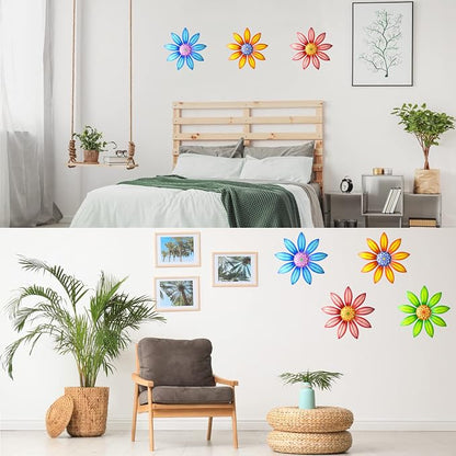 Gooyule Metal Flower Wall Art - Colorful Floral Decor for Indoor Outdoor Hanging - Home Office Garden Yard Wall Decoration Set (Metal Flower Decor A)