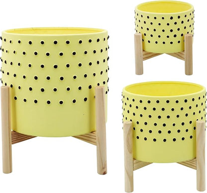 Ceramic Planter Pot with Wooden Stand – Indoor Outdoor Plant Holder with Black Polka-Dot Pattern, Decorative Pot Stand for Living Room, Entryway, Bedroom, Patio or Garden Décor – 6", Yellow