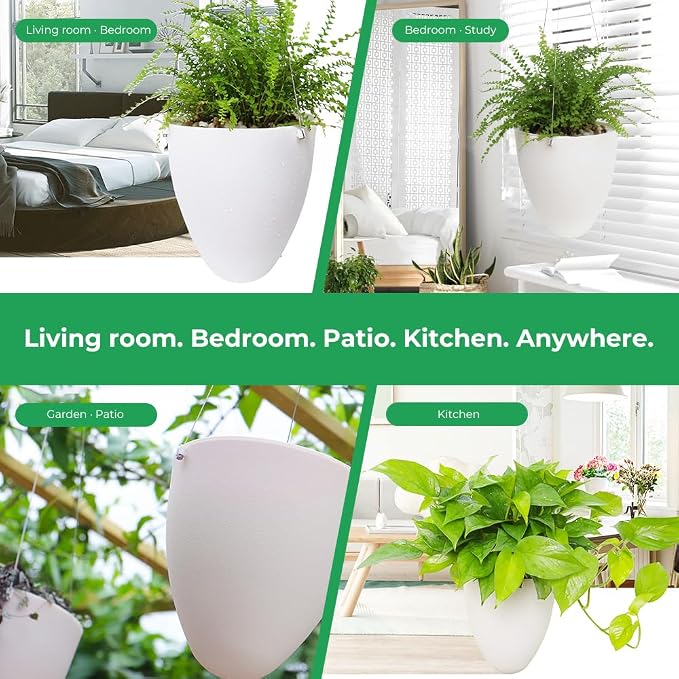 Self-Watering Hanging Planter: 6 Inch Inner Diameter, Indoor Outdoor, Stainless Steel Wire Hanger & Drip Tray, Pothos Philodendron Fern Herbs Scindapsus, Modern Minimalist Design (3 Pack, White)