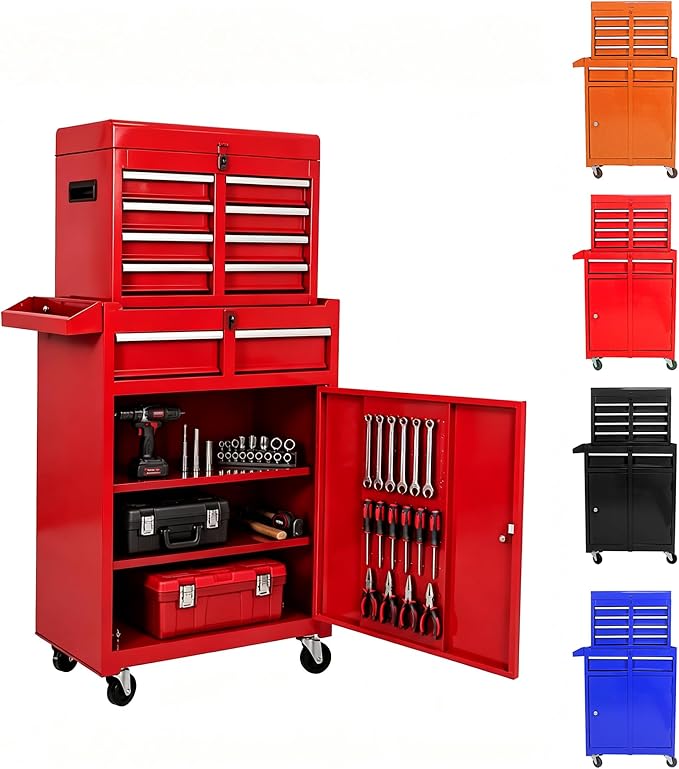 5-Drawer Tool Chest, Detachable Top Box for Garage,Red | Rolling Mobile Storage Cabinet Organizer with Lockable Wheels for Workshop Utility, Heavy Duty Metal Construction