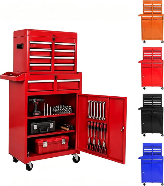 5-Drawer Tool Chest, Detachable Top Box for Garage,Red | Rolling Mobile Storage Cabinet Organizer with Lockable Wheels for Workshop Utility, Heavy Duty Metal Construction