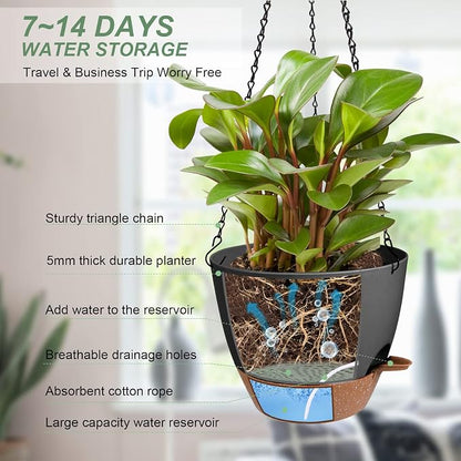 Vanslogreen Hanging Planters for Indoor Outdoor Plants, 2 Pack Self Watering Hanging Pot with Drainage Holes & Removable Tray (Black, 8'')