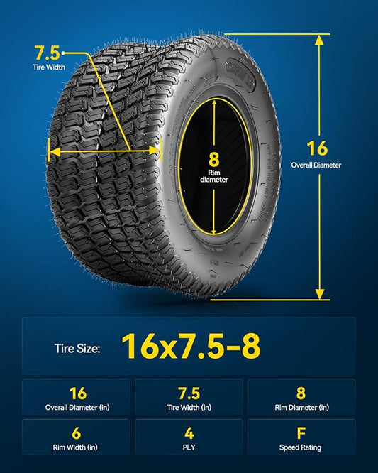 PHILTOP 16x7.5-8 Lawn Mower Tires, 4-Ply Super Mud 16x7.5-8 ATV Tires for Riding Mowers, Golf Carts, 2 Pcs,Tubeless (Z-160)