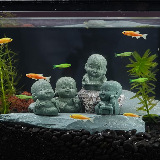 4pcs Mini Laughing Buddha Statues Monk Sandstone Sculptures Cute Baby Buddha Figurine Set Wealth Good Luck Decor Zen Spiritual Ornaments for Home Aquarium Office Garden - Style B