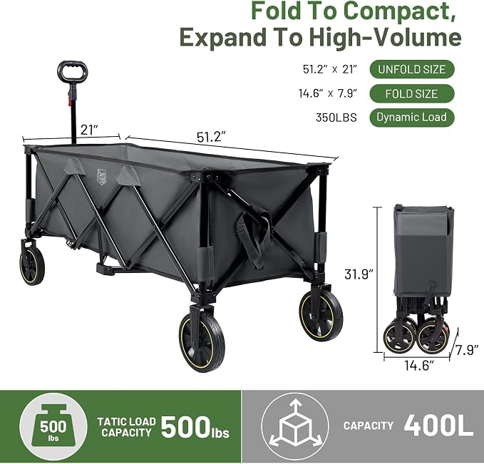 Timber Ridge 51.2'' Extended Collapsible Wagon Cart with Brakes and Cargo Net, 500LBS Heavy Duty Foldable Utility Wagon with Adjustable Handle, 400L Capacity Portable Cart for Camping Sports Shopping