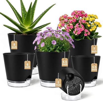 QRRICA 5/5.5/6/6.5/7/8 inch Self Watering Pot Set, Visible Water Level Planter with Transparent Reservoir & Drainage Holes, Plastic Flower Pots with Cotton Rope for Indoor/Outdoor Use (Black)