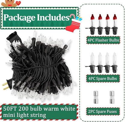 Warm White Christmas Lights Outdoor, 50FT 200 Count Incandescent Mini Christmas Lights Black Wire, Waterproof Fairy Lights, Connectable Xmas String Lights for Christmas Tree, Garland, Wedding Decor