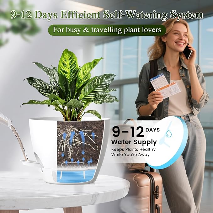 Plant Pots, 1 Pack 12 Inch Self Watering Pots with Drainage Holes, Water Level Indicator Deep Reservoir, Large Planters for Indoor Outdoor Plants - White
