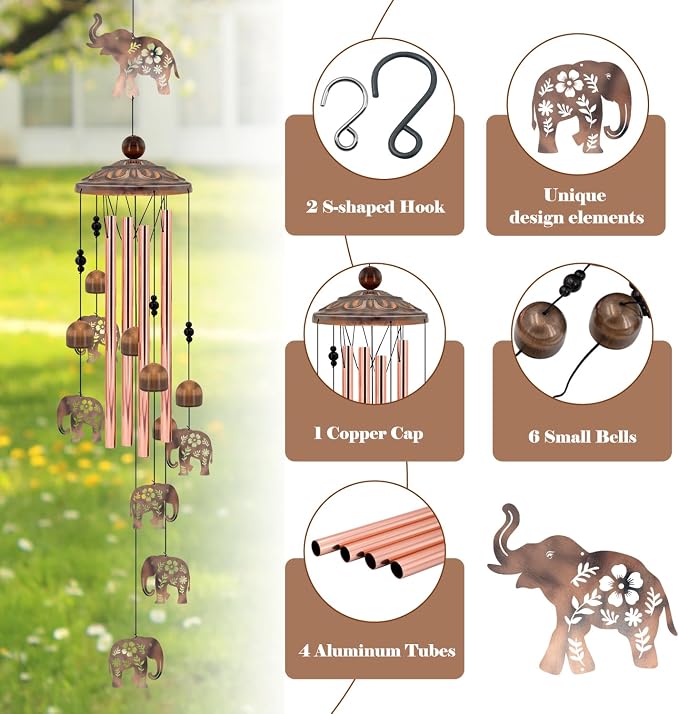 Elephant Wind Chimes for Outside, Elephant Gifts for Women/Mom/Grandma Birthday Gifts,Memorial Gift,Soothing Bass Tones Outdoor Metal WindChimes for Home, Lawn, Porch, Patio, Garden,Yard Decor(35")