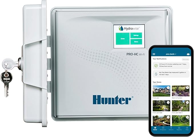 Hunter PRO-HC WiFi Sprinkler Controller, 6-Zone Smart Irrigation Timer | Indoor/Outdoor 6-station smart irrigation controller with Hydrawise app control, touchscreen, and weather-based scheduling