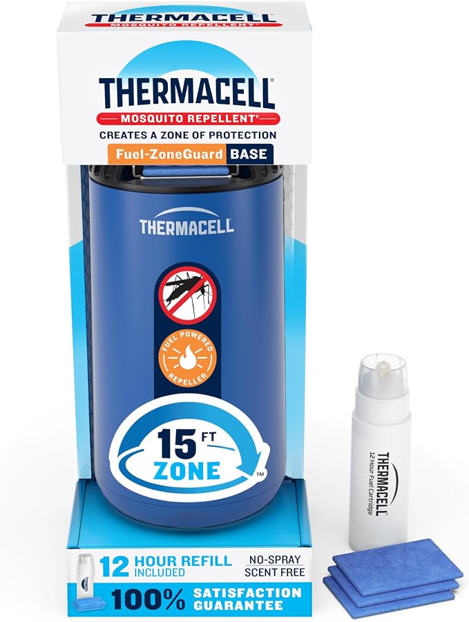 Thermacell Fuel-ZoneGuard Base Fuel Powered Mosquito Repeller; 15-Foot Zone of Scientifically Proven Outdoor Protection; Patio Shield; 12-Hr Refill; DEET-Free; Bug Spray Alternative; Royal Blue