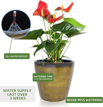 Dexceder 18x17 Self Watering Planter with Wheels (Yellow Brown Gradient) | Inner Pot Design, Thickened Large Floor Standing Flower Plant Pot with Water Level Indicator Indoor Outdoor