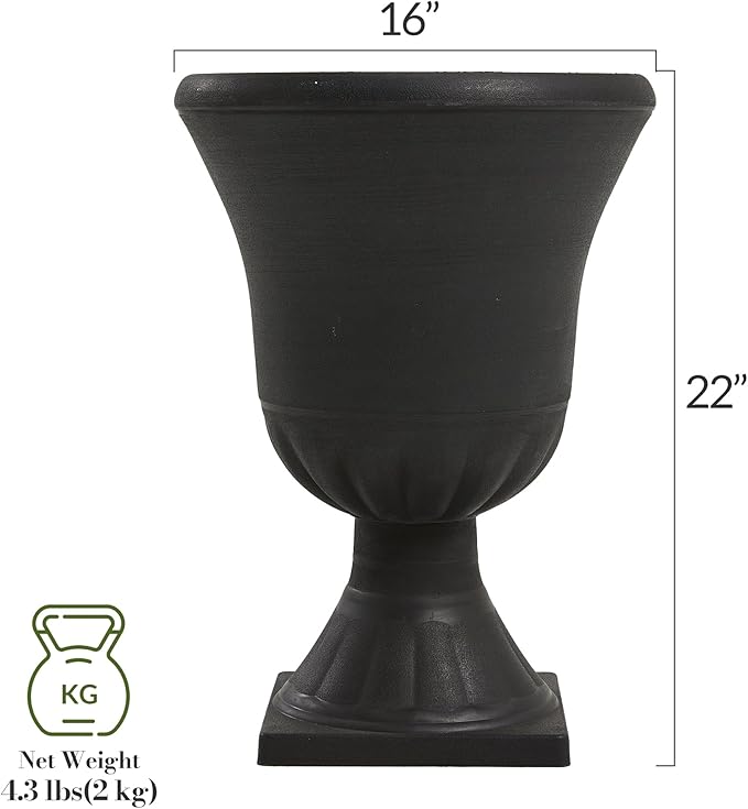 Worth Garden 2-Pack Plastic Urn Planters for Outdoor Plants, 22'' Black Tall Round Classic Resin Traditional Flower Pots - 15 in. Dia Large Imitation Stone Decorative Pot Patio Deck Front Porch