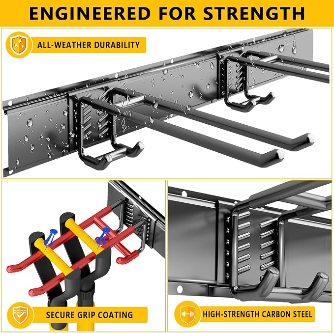 Garage Tool Organizer Wall Mount, Heavy-Duty Garage Storage System and Garden Tool Organizer with Adjustable Hooks for Shovel, Snowboard, Yard Tools and Shed (64"-10hooks)