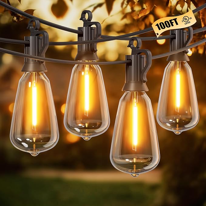 Brightown Outdoor String Lights Patio Lights 100FT ST38 Waterproof Dimmable | Connectable Shatterproof LED Christmas Lights, Hanging Outside Light for Backyard, Porch, Deck, Balcony, Garden, Home Decor