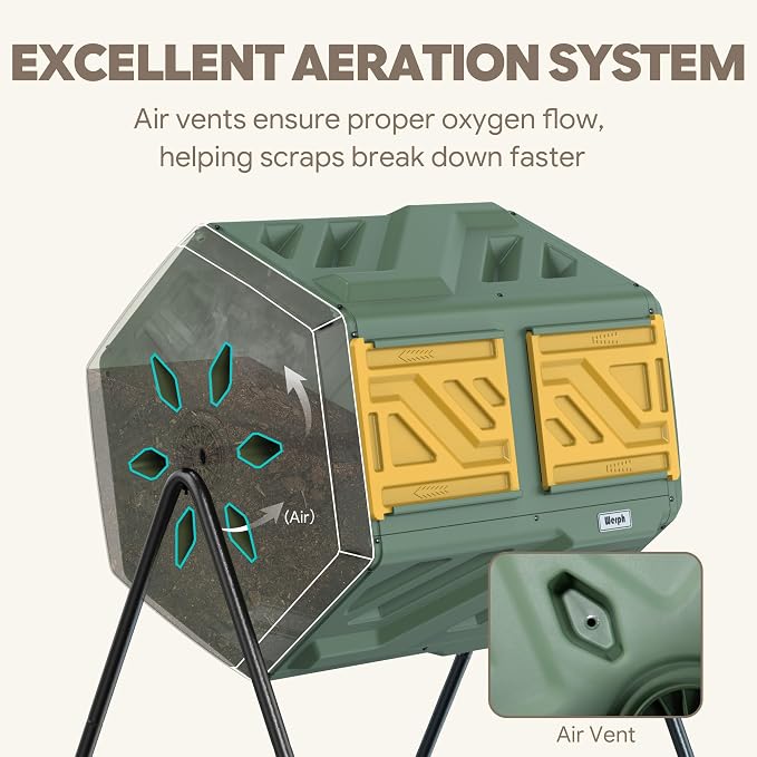 Werph 43 Gal Outdoor Compost Bin for Garden & Kitchen Waste, Grass Green | Fast Assembly, Dual Chamber with Aeration System, 360° Rotating, Tumbling Composting Bin for Kitchen, Garden, Yard