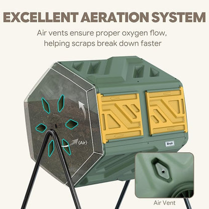 Werph 43 Gal Outdoor Compost Bin for Garden & Kitchen Waste, Grass Green | Fast Assembly, Dual Chamber with Aeration System, 360° Rotating, Tumbling Composting Bin for Kitchen, Garden, Yard