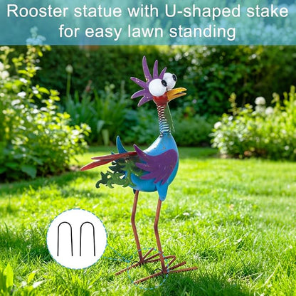 Metal Wacky Rooster Garden Statue for Patio, Backyard, Lawn | 17'' Rooster Decor, Yard Statue Decorations Outdoor, Chicken Yard Art, Blue & Purple