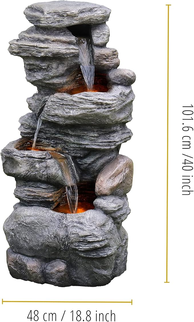 Teamson Home 39.37 in. Outdoor Faux Stacked Stone 4-Tier Water Fountain with LED Lights and Pump, Gray | Faux Stone, Patio Waterfall Feature, LED Lights & Pump, For Yard, Deck, Landscaping