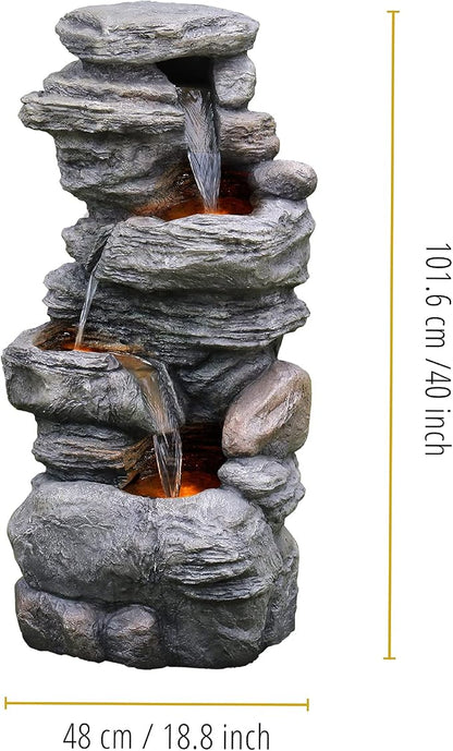 Teamson Home 39.37 in. Outdoor Faux Stacked Stone 4-Tier Water Fountain with LED Lights and Pump, Gray | Faux Stone, Patio Waterfall Feature, LED Lights & Pump, For Yard, Deck, Landscaping