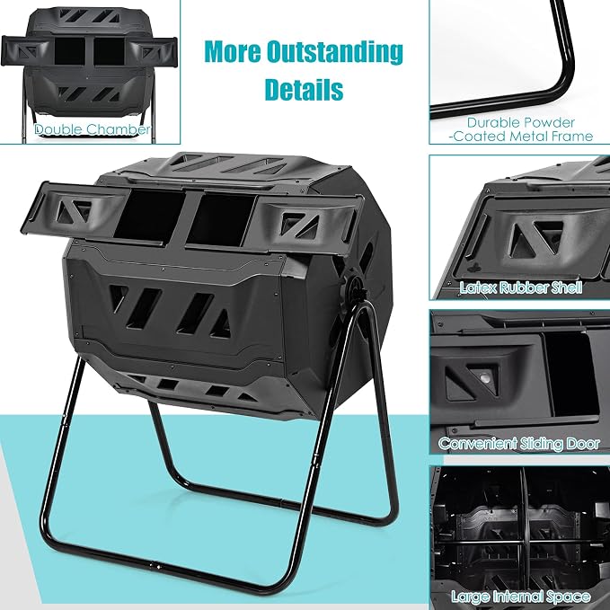 Goplus Compost Tumbler, 43 Gallon Rotating Compost Bin Barrel, Dual Chamber Tumbling Composter with Sliding Door, Gloves, Aeration System for Outdoor, Garden, Yard