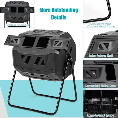 Goplus Compost Tumbler, 43 Gallon Rotating Compost Bin Barrel, Dual Chamber Tumbling Composter with Sliding Door, Gloves, Aeration System for Outdoor, Garden, Yard