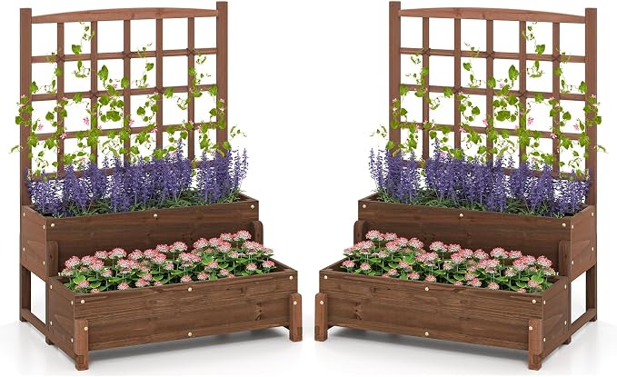 Giantex 2 Pcs Raised Garden Bed with Legs and Trellis, 2-Tier Standing Planter Box with Drain Holes, Outdoor Elevated Garden Trellis for Vine Climbing, Flower Vegetable Fruit Herb Growing
