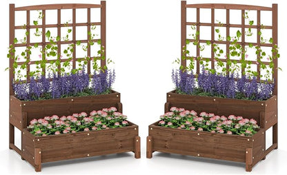Giantex 2 Pcs Raised Garden Bed with Legs and Trellis, 2-Tier Standing Planter Box with Drain Holes, Outdoor Elevated Garden Trellis for Vine Climbing, Flower Vegetable Fruit Herb Growing