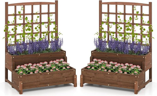 Giantex 2 Pcs Raised Garden Bed with Legs and Trellis, 2-Tier Standing Planter Box with Drain Holes, Outdoor Elevated Garden Trellis for Vine Climbing, Flower Vegetable Fruit Herb Growing