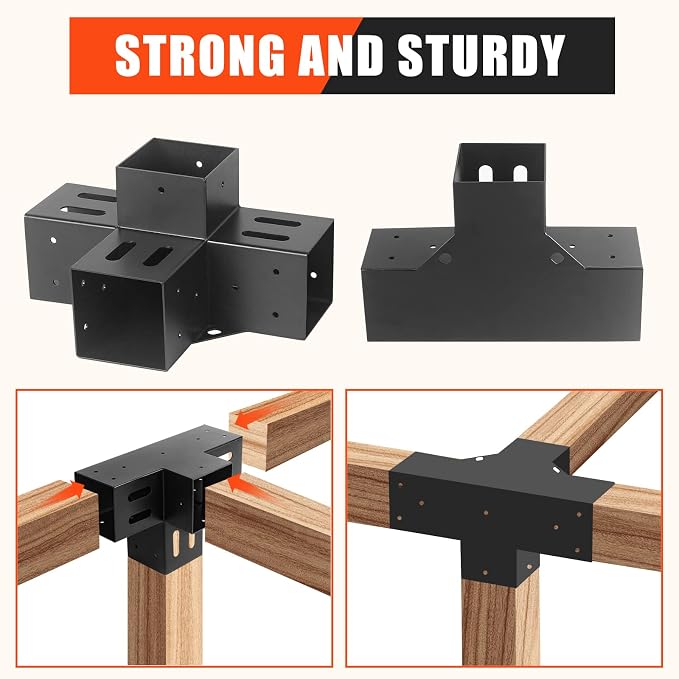 2 Pcs 4"x 4" Pergola Brackets(Actual Fit : 3.6“x3.6“) Post | 4-Way 90° Right Angle Corner Bracket|DIY Pergola Kit with Black Powder Support Gazebos|Patio PergolasCoated