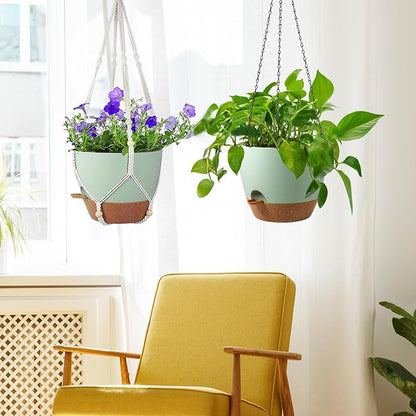 Meowell 10 inch Self Watering Hanging Planters for Indoor Plants, 2 Pack Hanging Baskets for Outdoor Plants, Hanging Flower Pots with Drainage Holes & 2 Kinds of Plant Hangers for Home Decor, Green