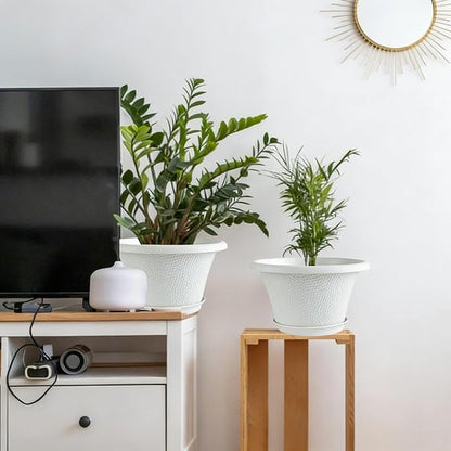 Quarut 12 Inch Plant Pot,4 Pack Large pots for Plants,Flower Pots with Drainage Hole & Saucer,Modern Planters for Indoor Outdoor Plants,Decorative Resin Garden Pots,White