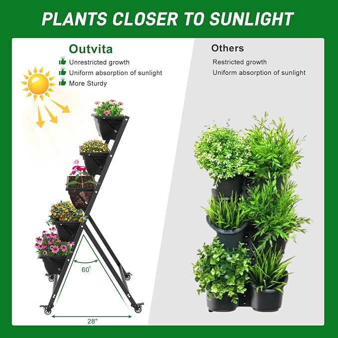Outvita 4.4 FT Vertical Garden Bed Removable 5 Tier Elevated with 4 Wheels | Vertical Raised Planter, Black Raised Bed Box, Movable Vegetable Flower Planter for Patio Yard Indoor Outdoor