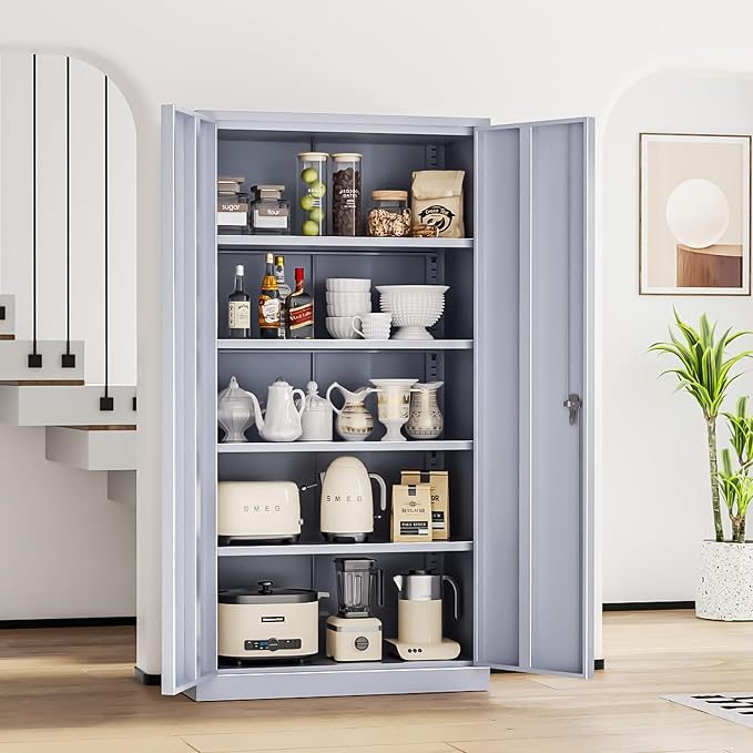 INTERGREAT Metal Storage Cabinet with Doors, 72" Locking Steel Storage Cabinet with Shelves, Tall Metal Cabinet Lockable Steel Cabinets for Home Office, Garage,(Cement)