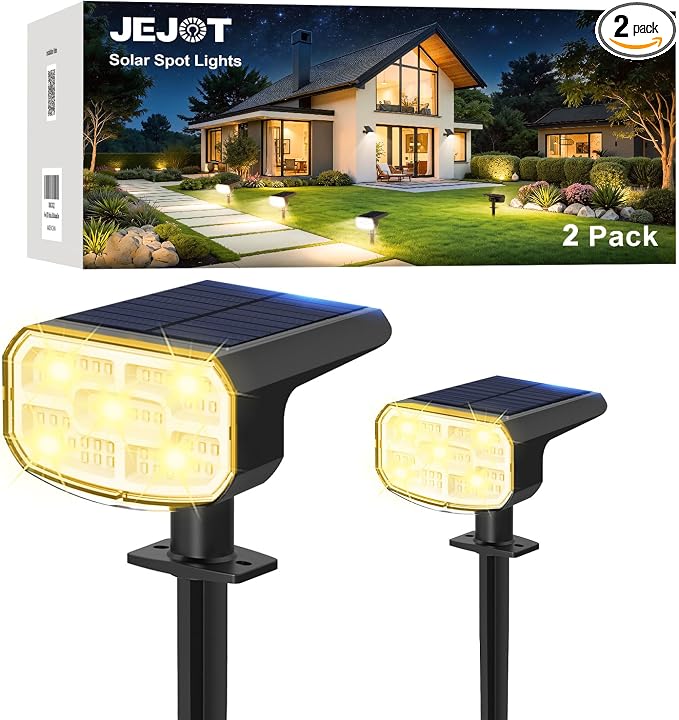 JEJOT Solar Lights Outdoor Waterproof IP65, Super Bright LED, 3000K 2 Lighting Modes, Solar Powered Yard Garden Solar Spot Lights for Outside Landscape Auto On/Off -2 Pack