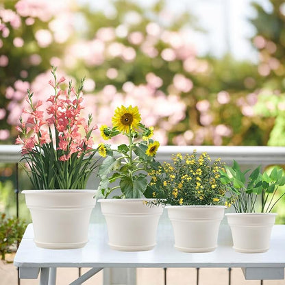 Pottiffe 8 Inch Plastic-Flower Pot-for-Indoor Plants, 4 Pack Large Outdoor Planter Pot with Drainage Holes & Saucers, Resin Decorative Garden Pots Planters