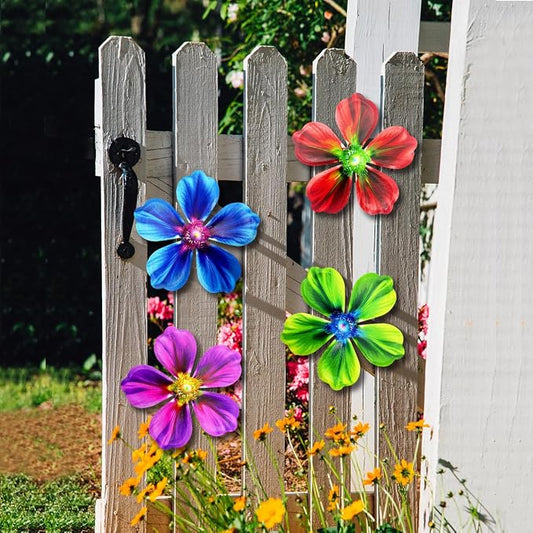 Giyyomtr Metal Flowers Wall Decor - 4pcs Metal Flower Wall Art Hanging Decorations for Outdoor Fence Garden Yard Patio Decor, Gift for Mom Friends