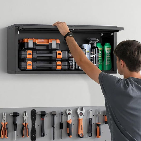 VEVOR Metal Wall Cabinet, 30.31W x 12.01D x 14.02H Inch, Floating Garage Tool Cabinet with Up-Flip Door, 120 lbs Load per Shelf, Fit for Garage, Basement, Kitchen, Warehouse, Assembly Required