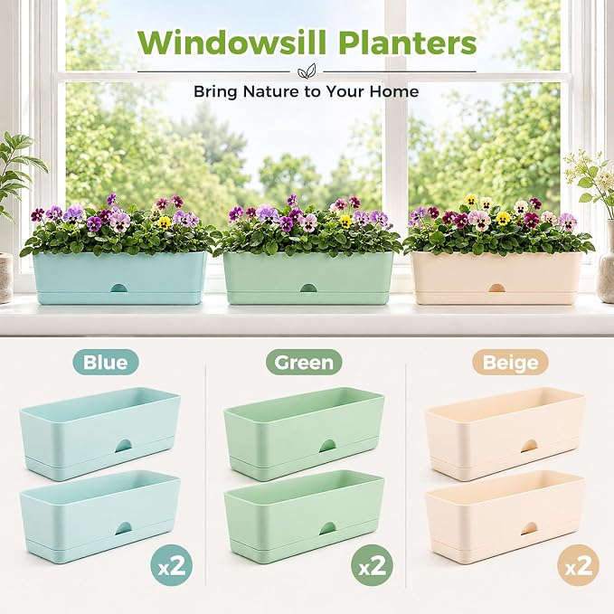 6 Pack Rectangle Planter 16 Inch Window Boxes Planters Rectangular Window Sill Planters Indoor Self Watering Plant Pots with Drainage Holes and Saucers Succulent Herb Flower Pots, Macaron Color