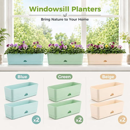 6 Pack Rectangle Planter 16 Inch Window Boxes Planters Rectangular Window Sill Planters Indoor Self Watering Plant Pots with Drainage Holes and Saucers Succulent Herb Flower Pots, Macaron Color